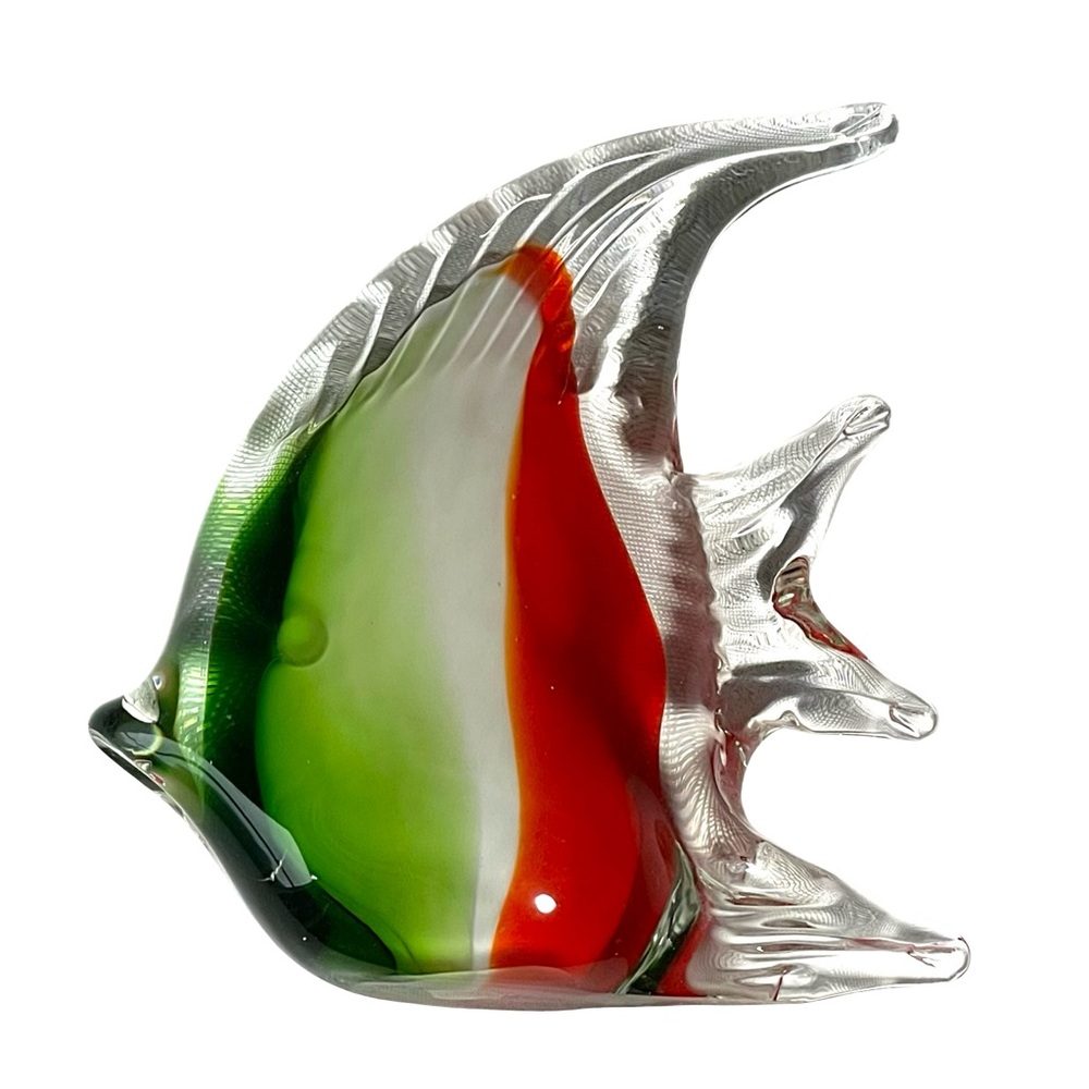 Hand Blown Dynasty Gallery Green, White & Red Striped Fish Paperweight 3.5 inch